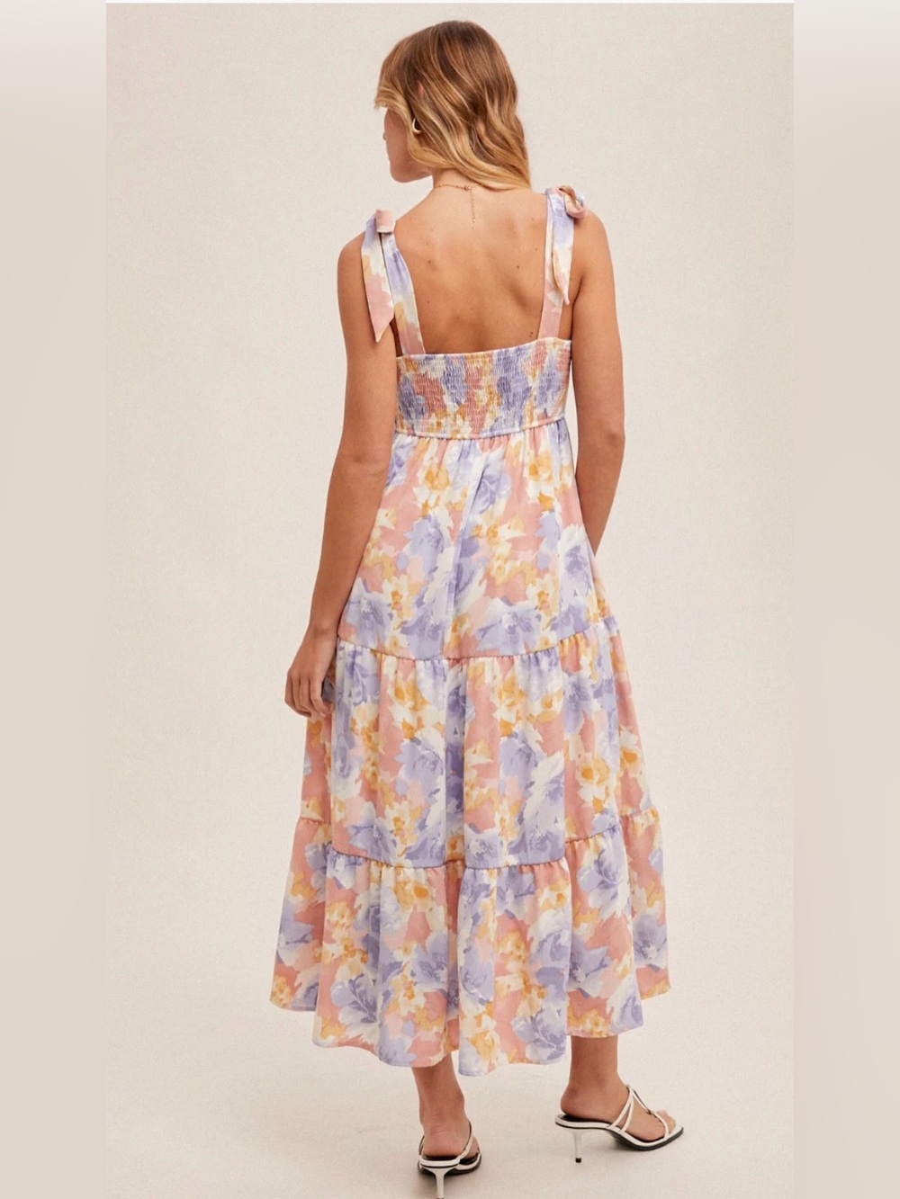Hem & Thread Pastel Floral Tie-Shoulder Tiered Maxi Dress - Picture 2 of 8